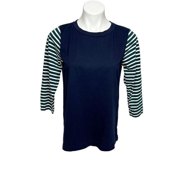 J. Crew 3/4 sleeve navy blue top with green and white striped sleeves size M - Picture 1 of 10